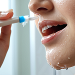 ** A close-up shot of a woman gently cleaning a diamond earring with a soft-bristled toothbrush and soapy water. The background is blurred, but hints at a well-lit bathroom setting. Emphasis should be on the sparkle and brilliance returning to the diamond as it is cleaned.

**