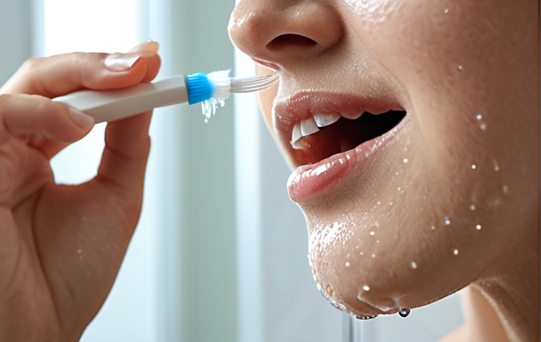 ** A close-up shot of a woman gently cleaning a diamond earring with a soft-bristled toothbrush and soapy water. The background is blurred, but hints at a well-lit bathroom setting. Emphasis should be on the sparkle and brilliance returning to the diamond as it is cleaned.

**