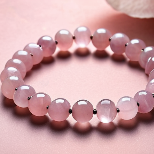 **Elegant rose quartz bracelet with soft pink tones, showcasing its energy and association with love. The background should evoke mindfulness and crystal therapy, similar to popular TikTok and Instagram aesthetics.**