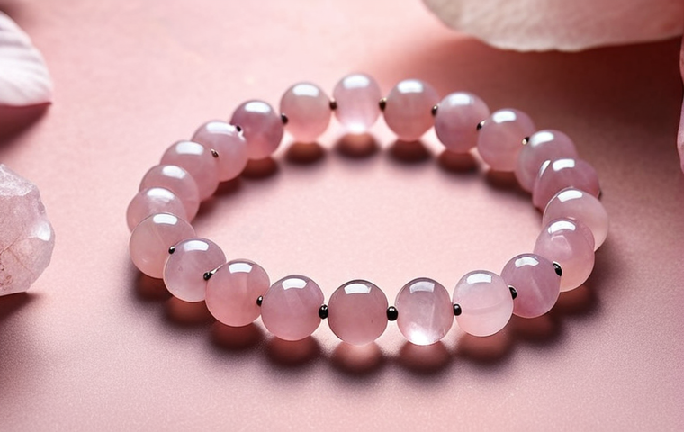 **Elegant rose quartz bracelet with soft pink tones, showcasing its energy and association with love. The background should evoke mindfulness and crystal therapy, similar to popular TikTok and Instagram aesthetics.**